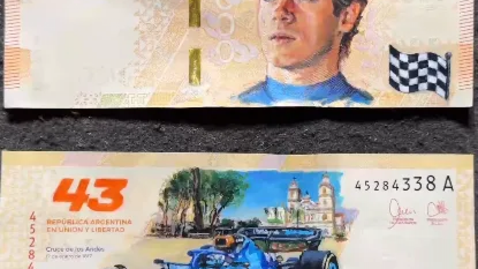 El arte en billetes: El comodorense Cristian English rindió homenaje a Franco Colapinto en un billete de $1000