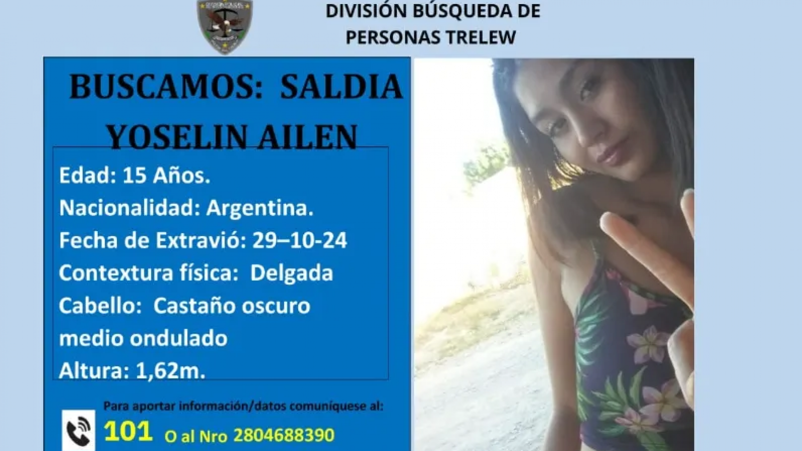 Buscan a una adolescente de 15 años desaparecida en Trelew